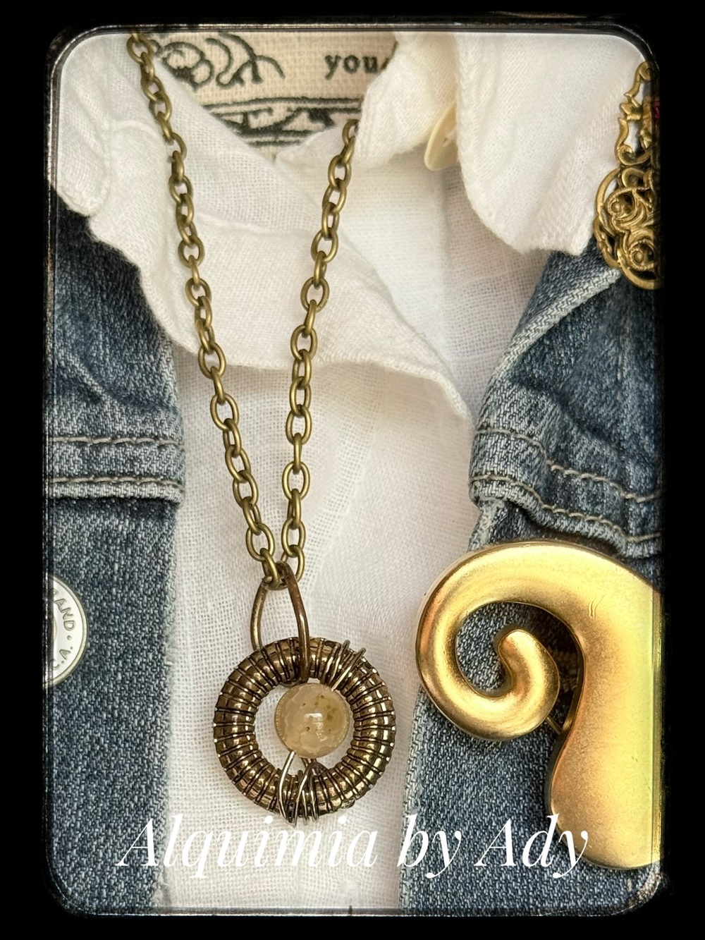 Citrine Antique Gold Wire-Wrapped Circular Pendant Necklace